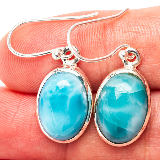 Oval blue larimar drop earrings, oval cabochon in .925 sterling silver, hook back