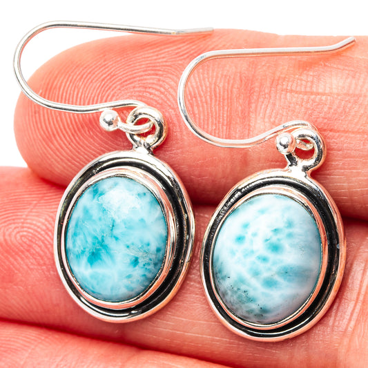 Larimar oval drop earrings in .925 sterling silver, round bezel with hook backs