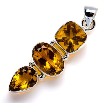 Faceted yellow citrine teardrop pendant on sterling silver bail, three-stone design