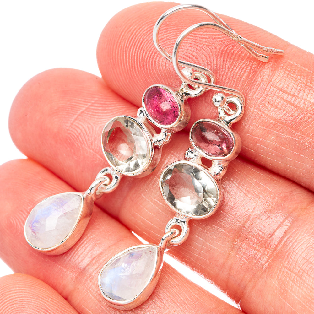 Rainbow Moonstone, White Quartz, Pink Tourmaline Earrings 1 3/4" (925 Sterling Silver) E1456