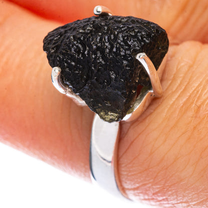 Sterling silver ring with rough dark green moldavite stone, open setting