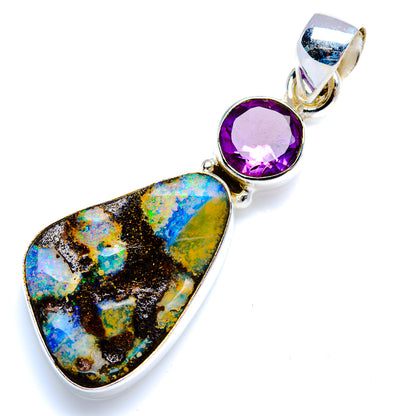 Boulder Opal, Amethyst 925 Sterling Silver Pendant 1 3/4" (925 Sterling Silver) PD38339