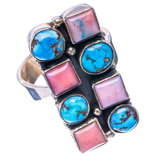 Adjustable sterling silver ring with blue round turquoise and pink rectangular opal stones