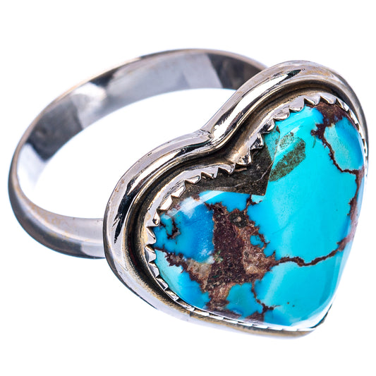 Turquoise heart ring with .925 sterling silver band and scalloped bezel, adjustable