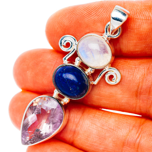 Premium Multi-Gem Ametrine, Lapis Lazuli, Rainbow Moonstone Pendant 2" (.925 Sterling Silver)
