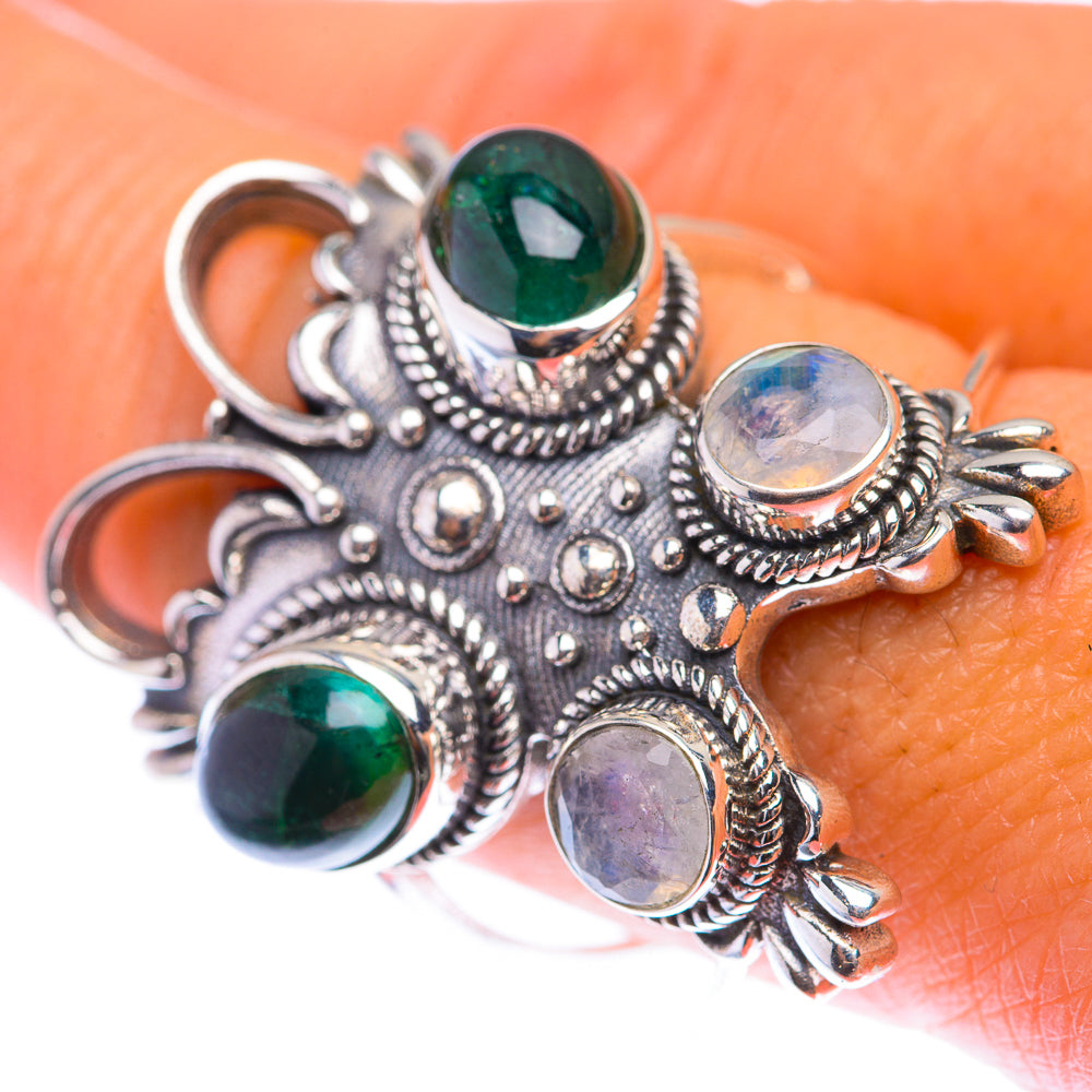 Sterling silver gemstone ring with oval green and blue moonstone accents