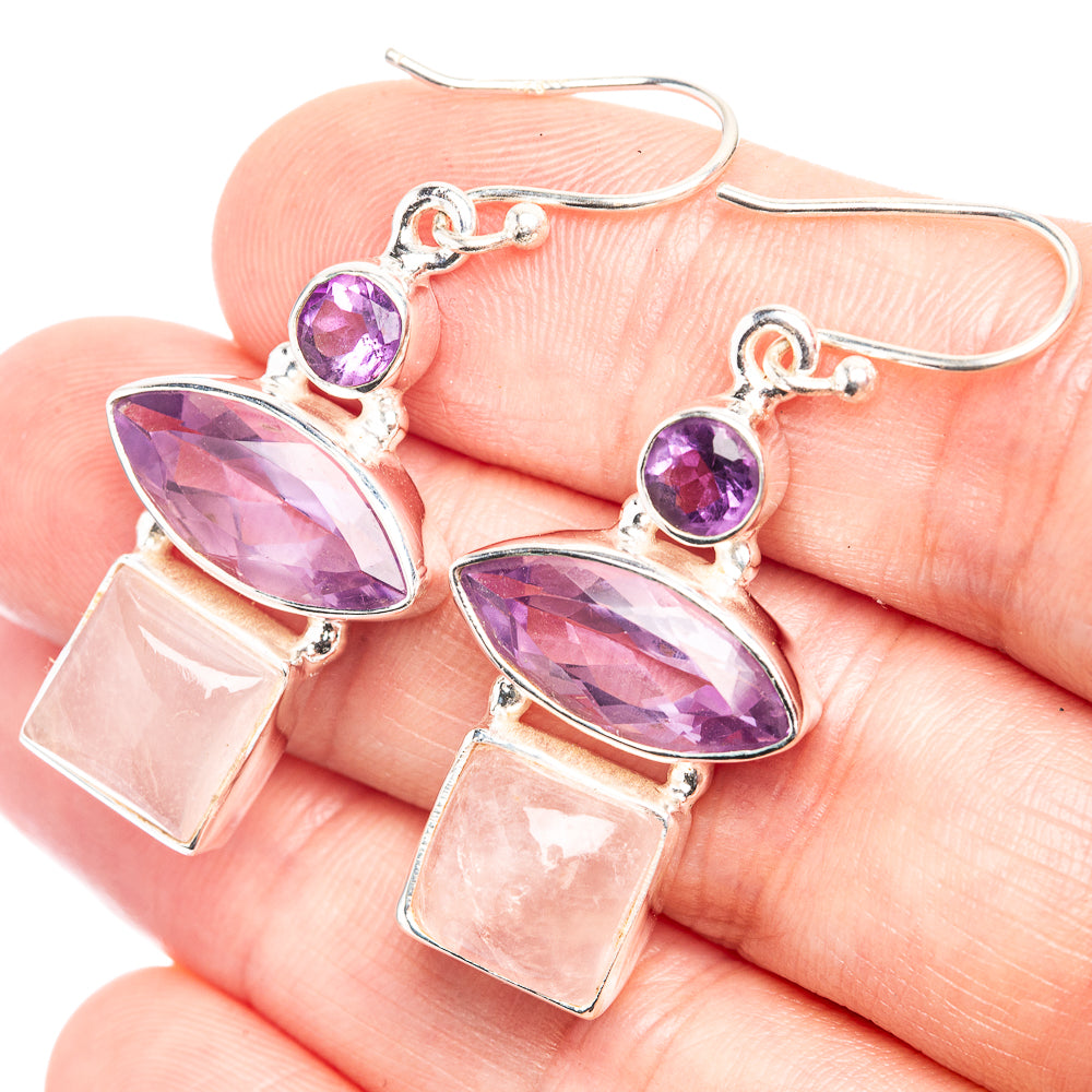 Amethyst and rose quartz drop earrings in 925 sterling silver, purple and pink stones