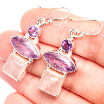 Amethyst and rose quartz drop earrings in 925 sterling silver, purple and pink stones