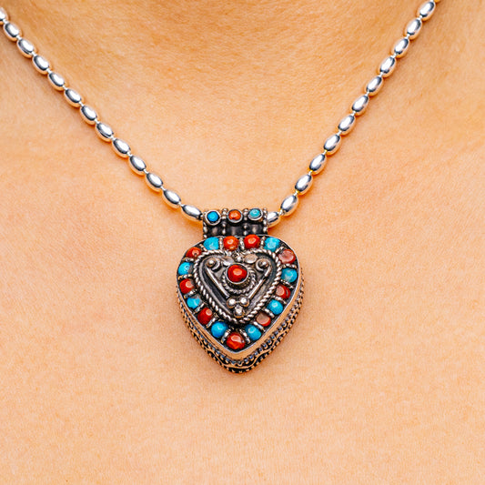 Tibetan Made Vintage Turquoise, Red Coral Pendant 1 3/8" (.925 Sterling Silver)