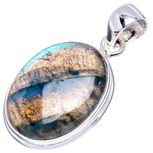 Oval labradorite pendant in .925 sterling silver, blue-green and gold flash, polished