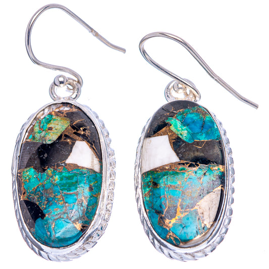 Pair of oval chrysocolla and onyx drop earrings in .925 sterling silver