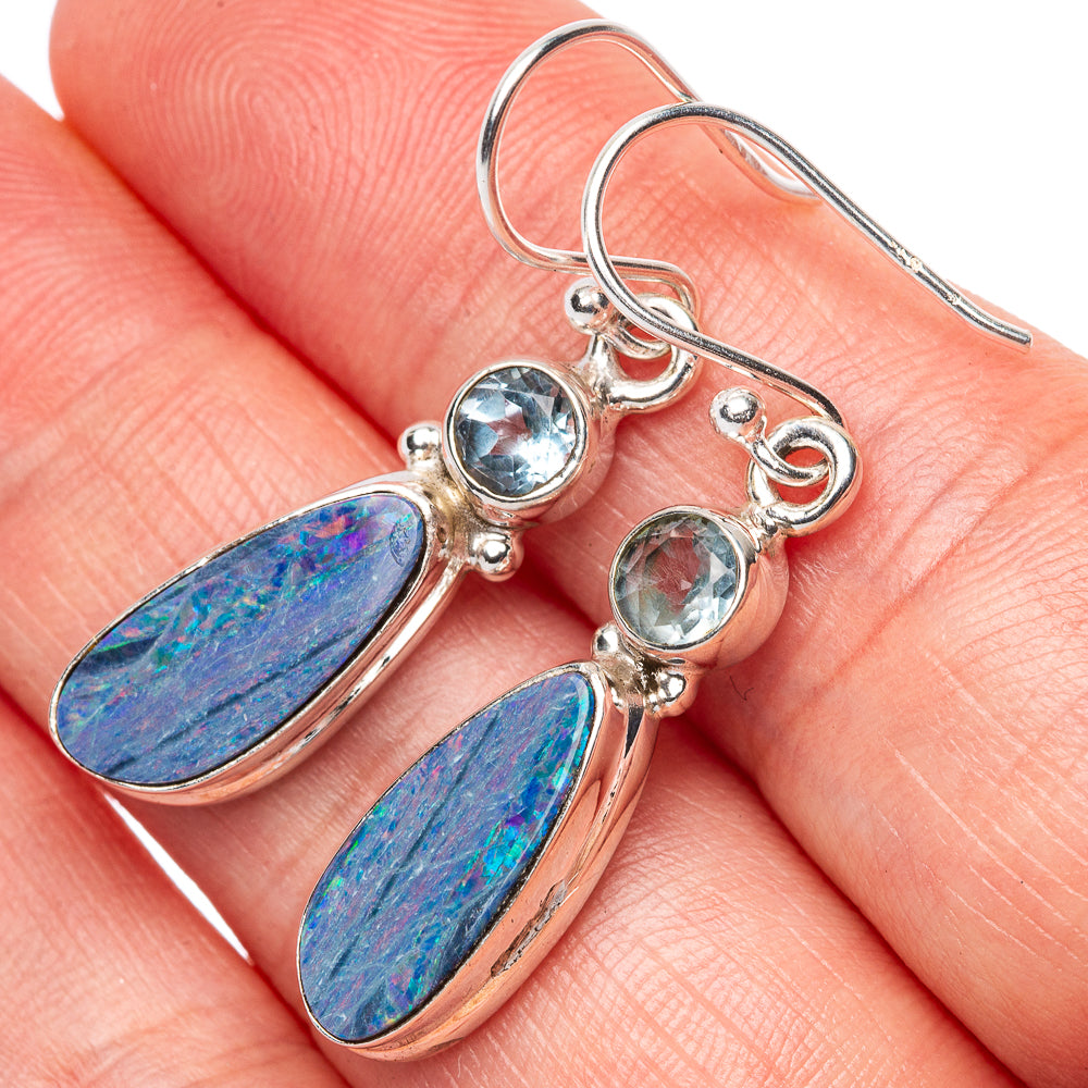 Rare Doublet Opal, Blue Topaz Earrings 1 1/2" (925 Sterling Silver) E1651