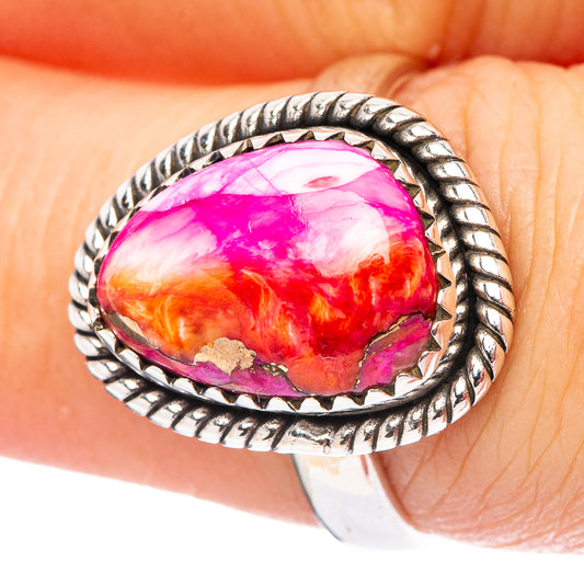Sterling silver oval gemstone ring, pink orange purple swirled stone