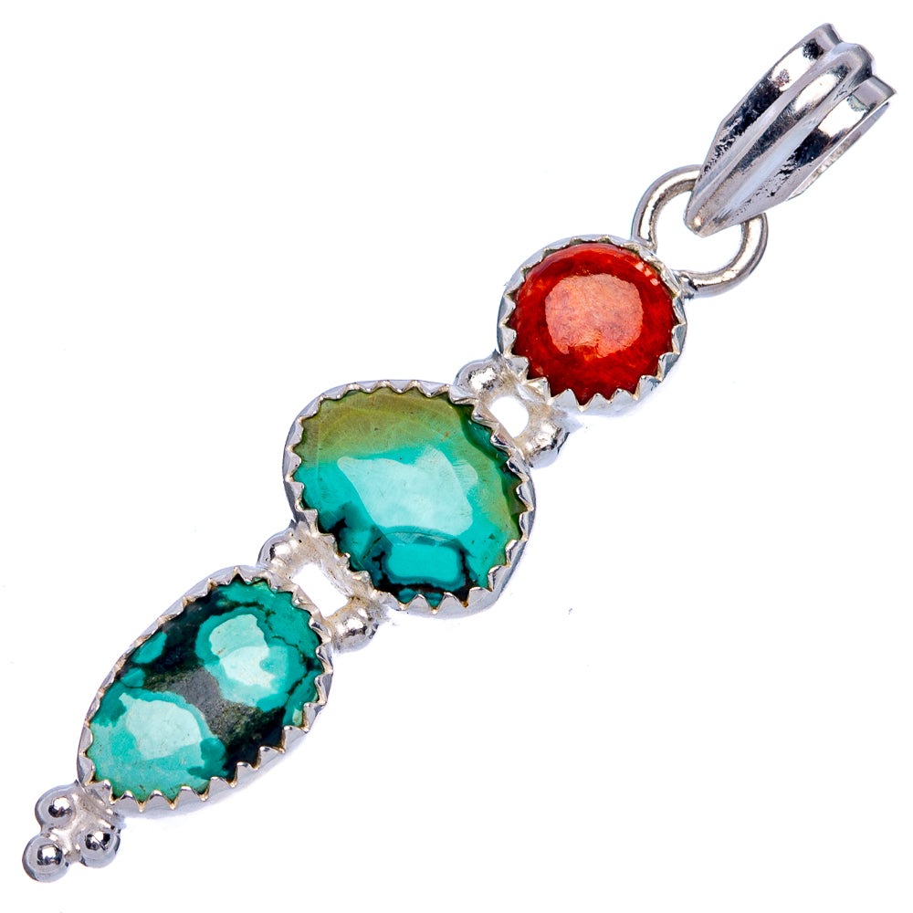 Turquoise and coral stone pendant in 925 sterling silver with three cabochons and bail