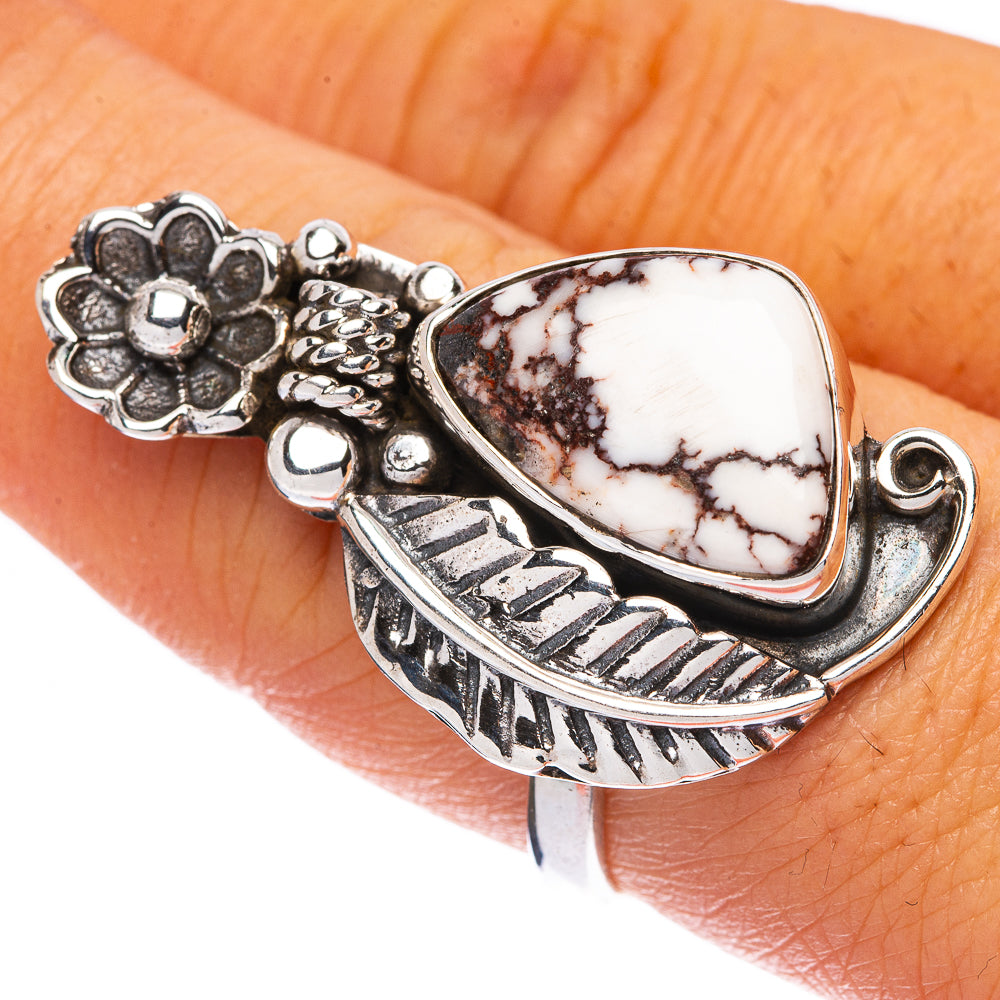 Sterling silver jasper ring on hand, teardrop stone with brown veining and feather motif