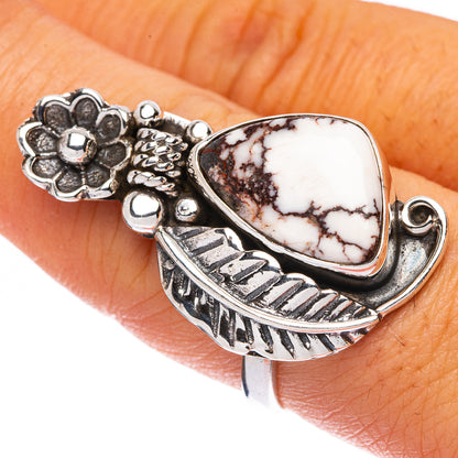 Sterling silver jasper ring on hand, teardrop stone with brown veining and feather motif