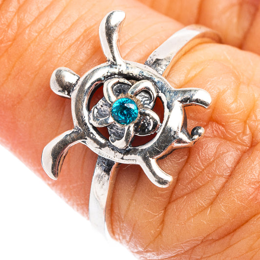Sterling silver dainty seaturtle ring with blue cubic zirconia center stone