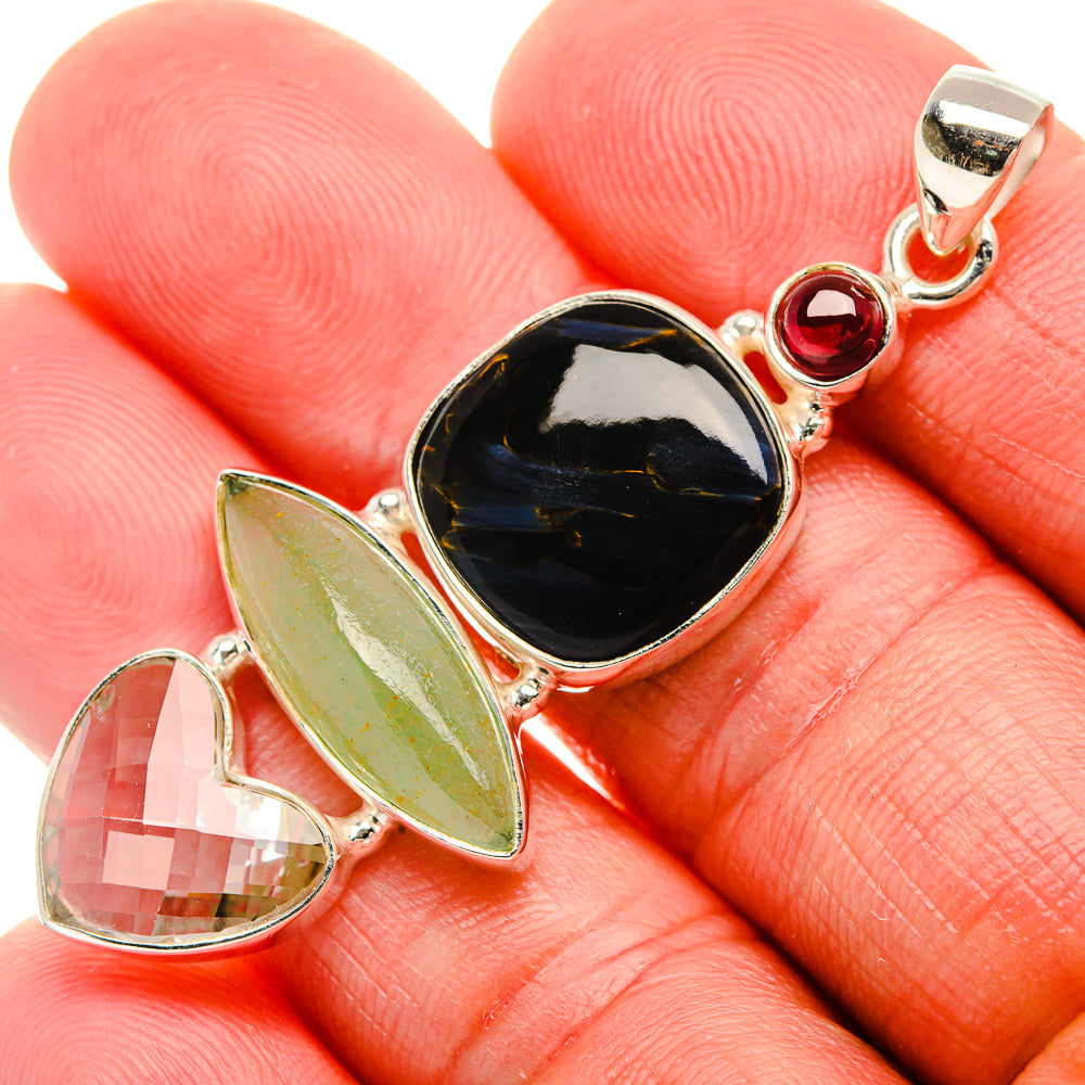 Pietersite, Prehnite, Green Amethyst, Garnet Pendant 2 1/4" (925 Sterling Silver) PD38071