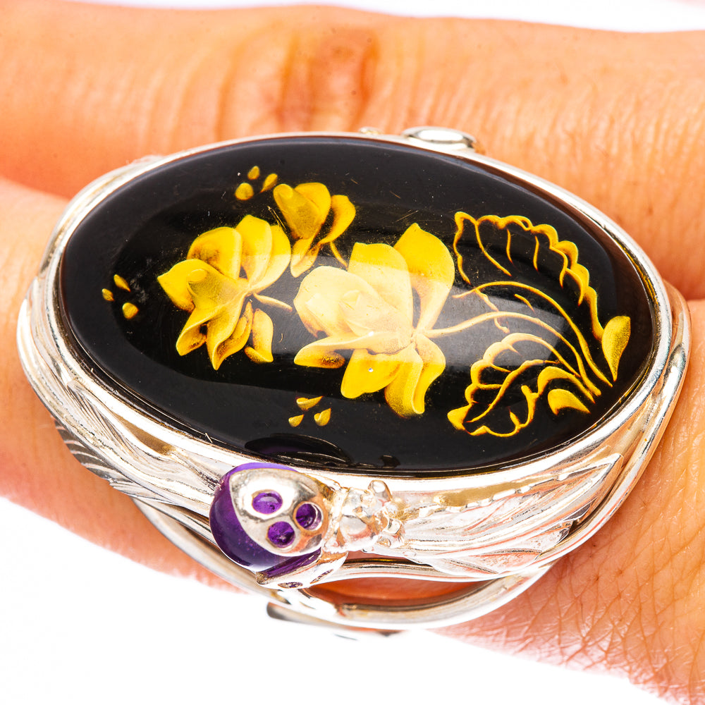 Amber Intaglio Rose Ladybug Ring Size 7 Adjustable (925 Sterling Silver) R3826