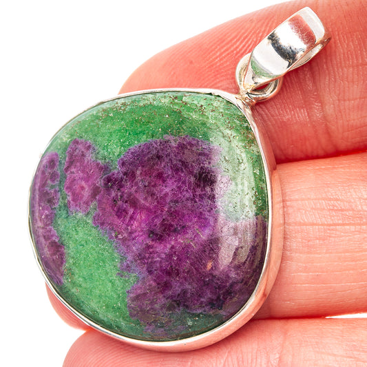 Oval ruby zoisite pendant in .925 sterling silver bezel, purple and green stone