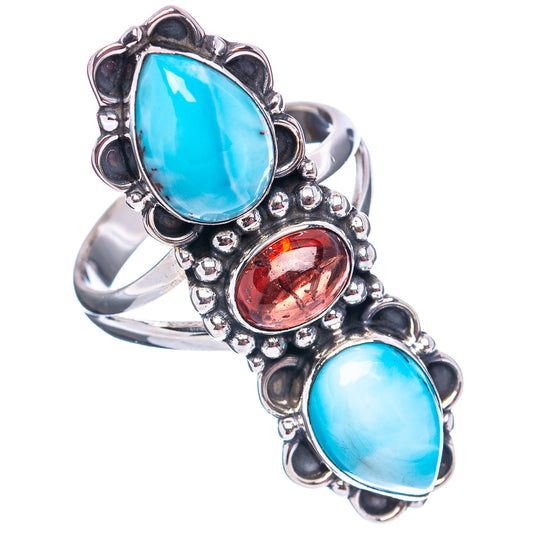 Sterling silver oval blue gemstone ring with red oval stone, scalloped bezel, size 9.