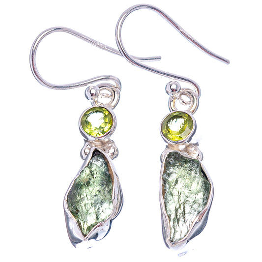 Rare moldavite earrings, .925 sterling silver hooks with green round and teardrop stones