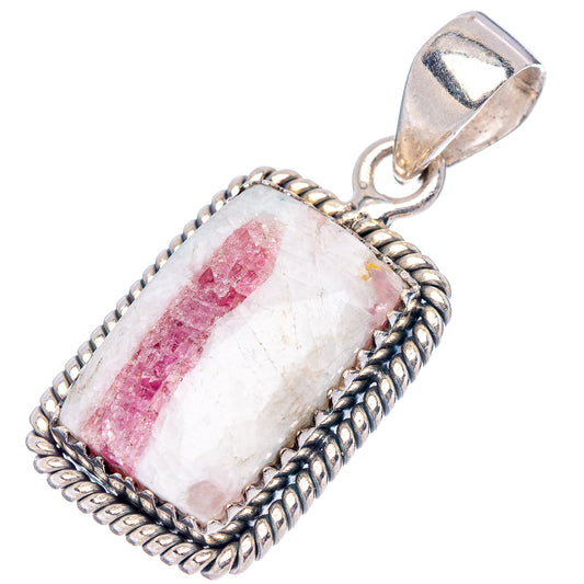 Pink tourmaline quartz pendant, rectangular stone with silver bail and rope frame
