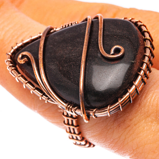 Oxidized copper wire ring with dark jet-like teardrop stone centerpiece
