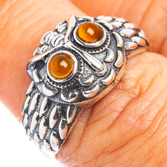 Sterling silver owl ring with two orange cabochon eyes, size 6.75