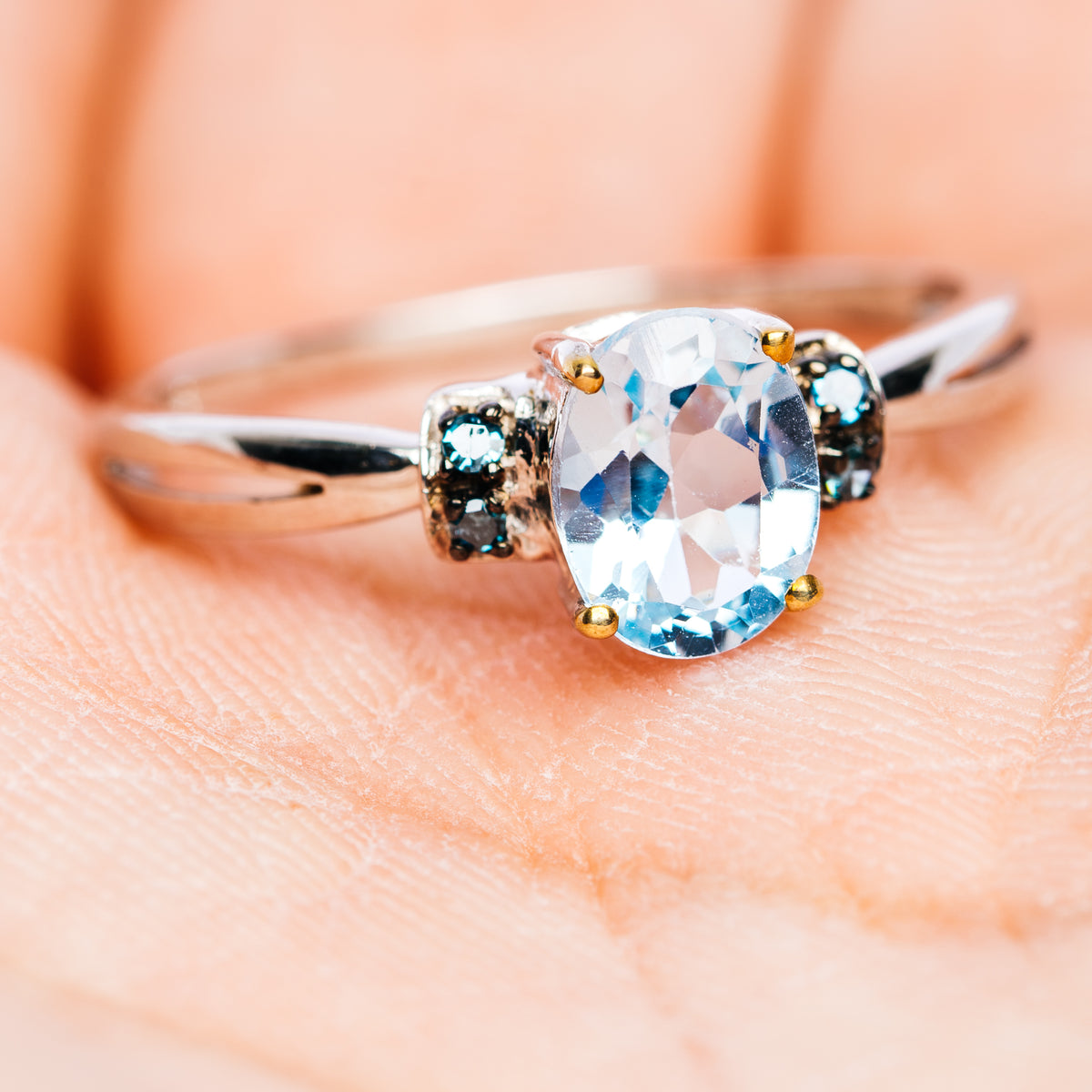 Blue Topaz, Blue Diamond Ring Size 8.75 (.925 Sterling Silver)