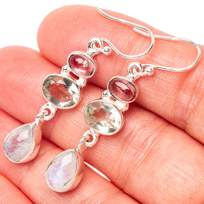 Rainbow Moonstone, White Quartz, Pink Tourmaline Earrings 1 3/4" (925 Sterling Silver) E1487