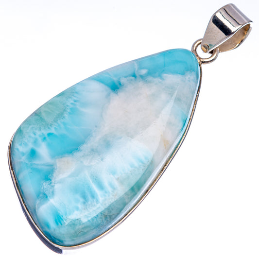 Larimar gemstone pendant in .925 sterling silver bezel, teardrop blue cabochon