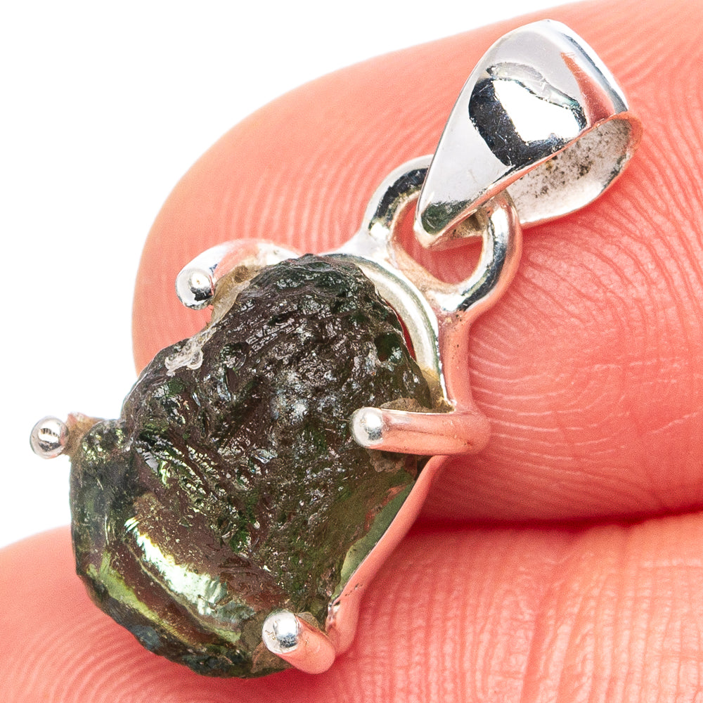 Sterling silver raw moldavite pendant, green rough stone with loop bail
