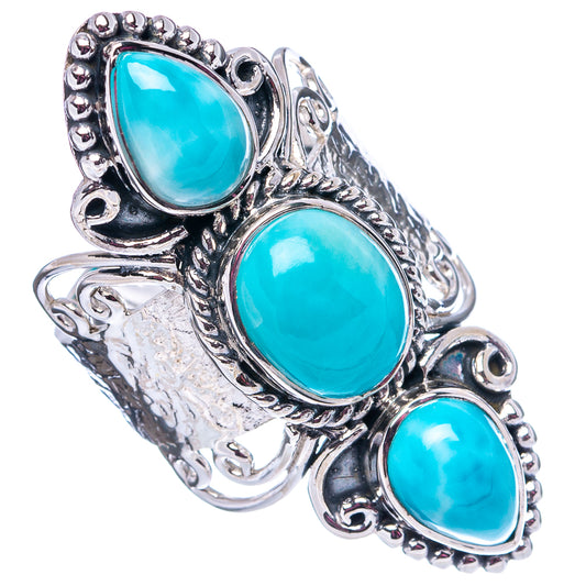 Turquoise larimar oval-stone sterling silver cuff-style ring, ornate scrollwork, size 7.5
