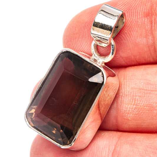 Smoky quartz rectangular pendant, dark stone bezel set in .925 sterling silver bail