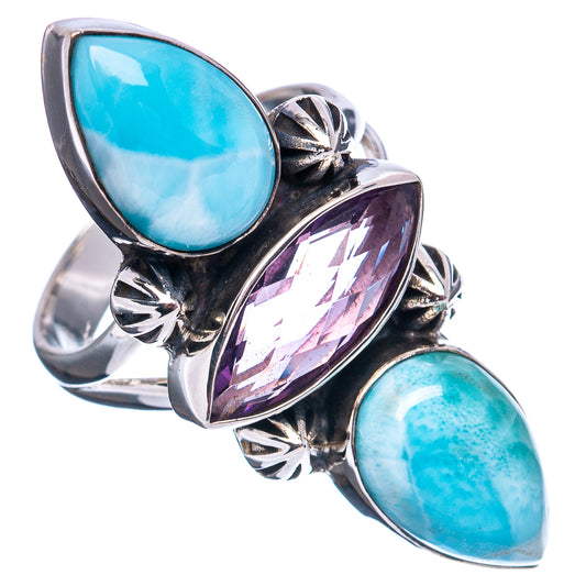 Sterling silver ring with oval larimar and amethyst stones in raised bezel settings