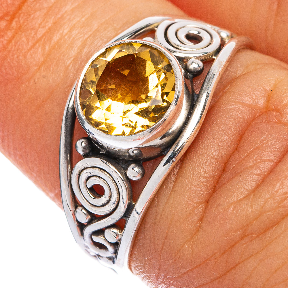 Sterling silver dainty ring with oval faceted citrine and swirl engravings