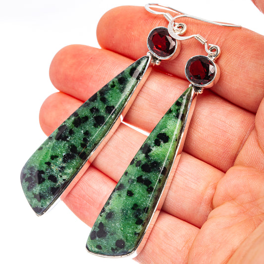 Garnet red and green leaf dangle earrings in .925 sterling silver