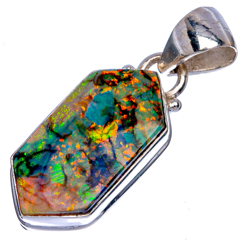 Sterling silver opal pendant, faceted octagonal stone with colorful veining