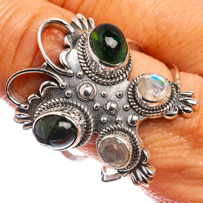 Large Green Tourmaline, Rainbow Moonstone 925 Sterling Silver Ring Size 9.5