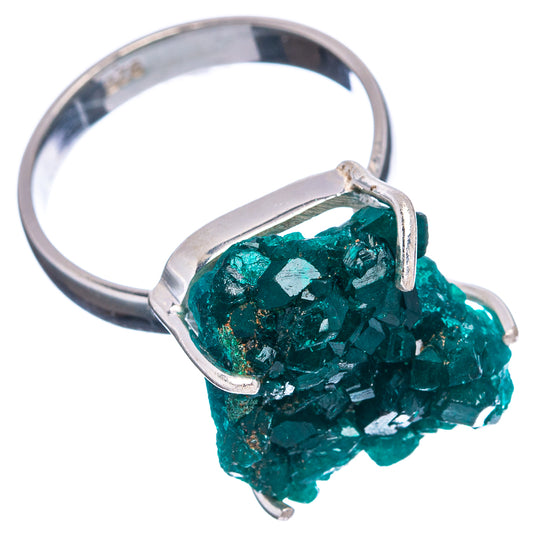 Sterling silver dioptase ring with large green crystal, prong-set on band