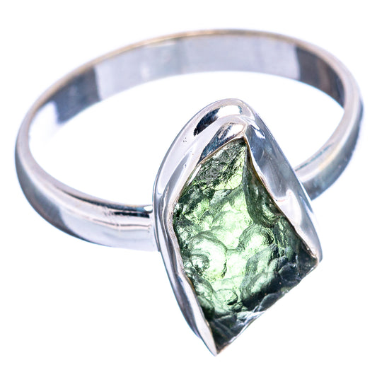 Sterling silver ring with bezel-set irregular green moldavite teardrop, size 9