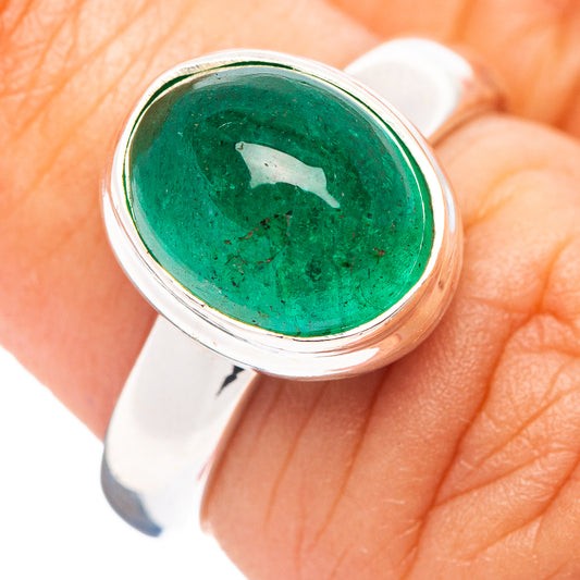 Oval green emerald cabochon ring in .925 sterling silver, size 6