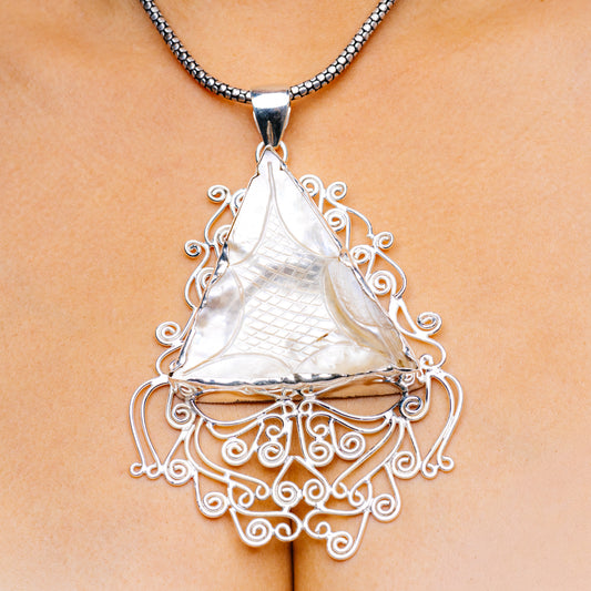 Gigantic Mother Of Pearl Pendant 5 1/8" (.925 Sterling Silver)
