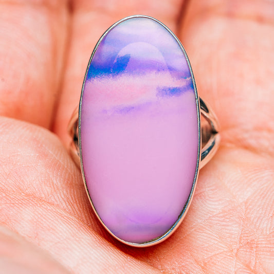 Oval pink-purple opal ring in .925 sterling silver, iridescent stone front view