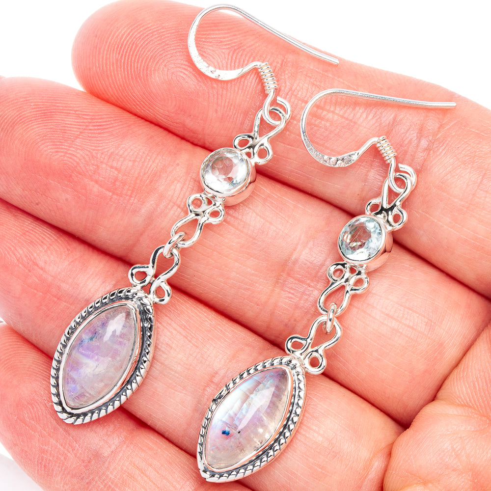 Premium Rainbow Moonstone, Blue Topaz Earrings 2 1/4" (925 Sterling Silver) E1184
