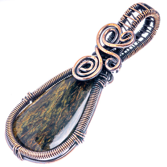 Teardrop wire-wrap pendant with green-gold pietersite stone and oxidized copper coils