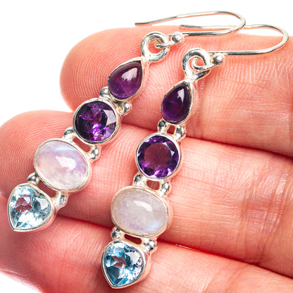 Rainbow Moonstone, Blue Topaz, Amethyst Earrings 1 7/8" (925 Sterling Silver) E432765