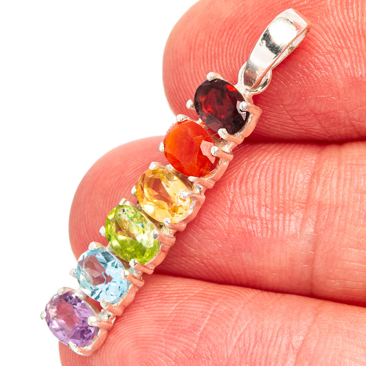 Sterling silver chakra pendant with multicolor round gemstone stations and top bail