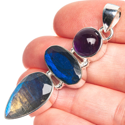 Labradorite, Amethyst 925 Sterling Silver Pendant 2 1/8"
